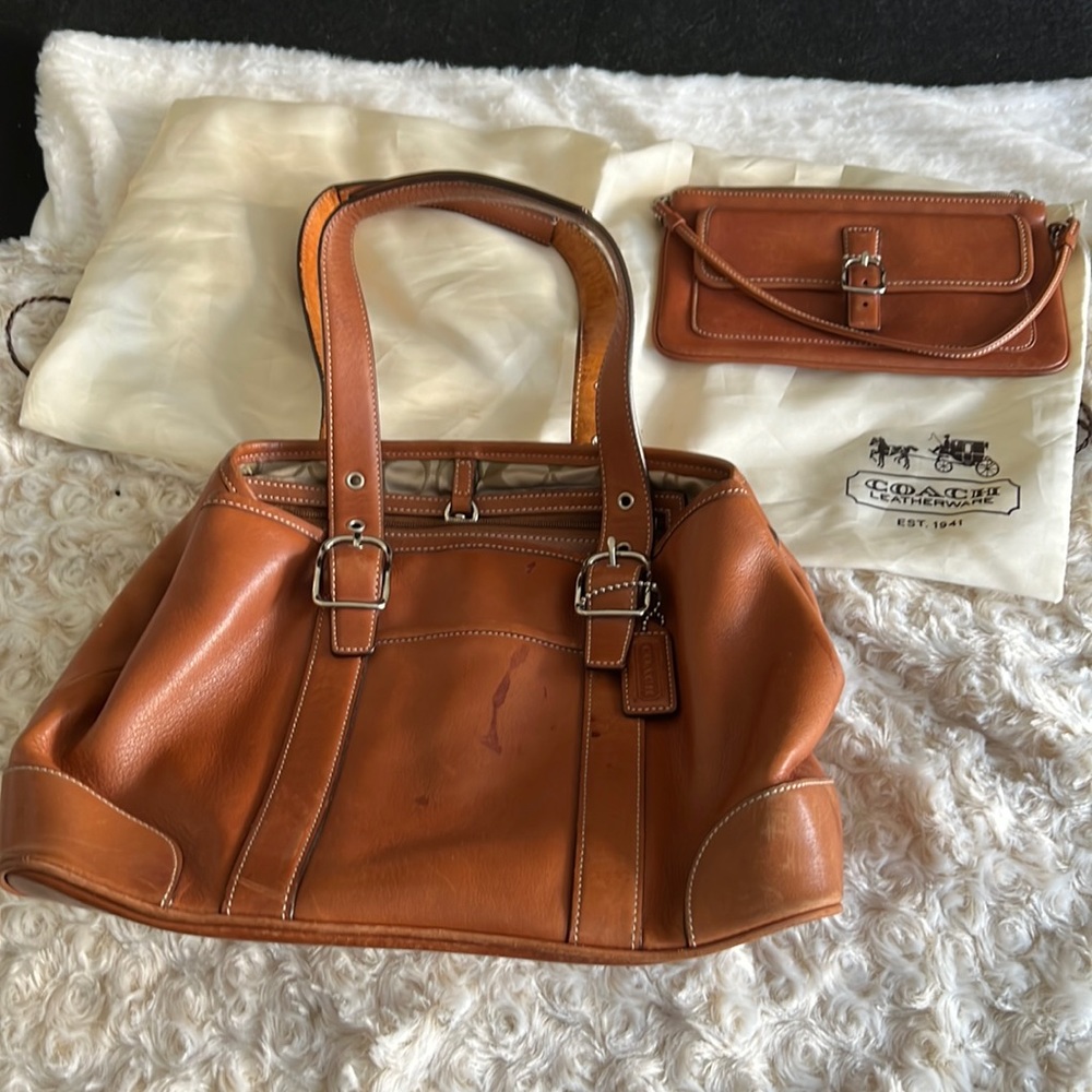 Vintage Coach leather satchel with small clutch